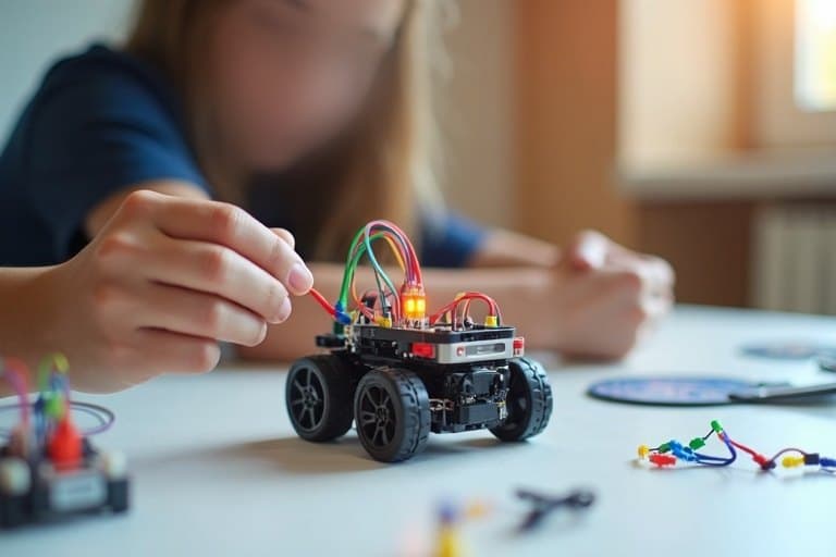 Student building a robot car