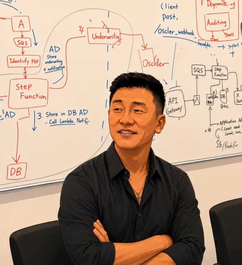 Rocky — instructor in front of a whiteboard with system architecture diagrams