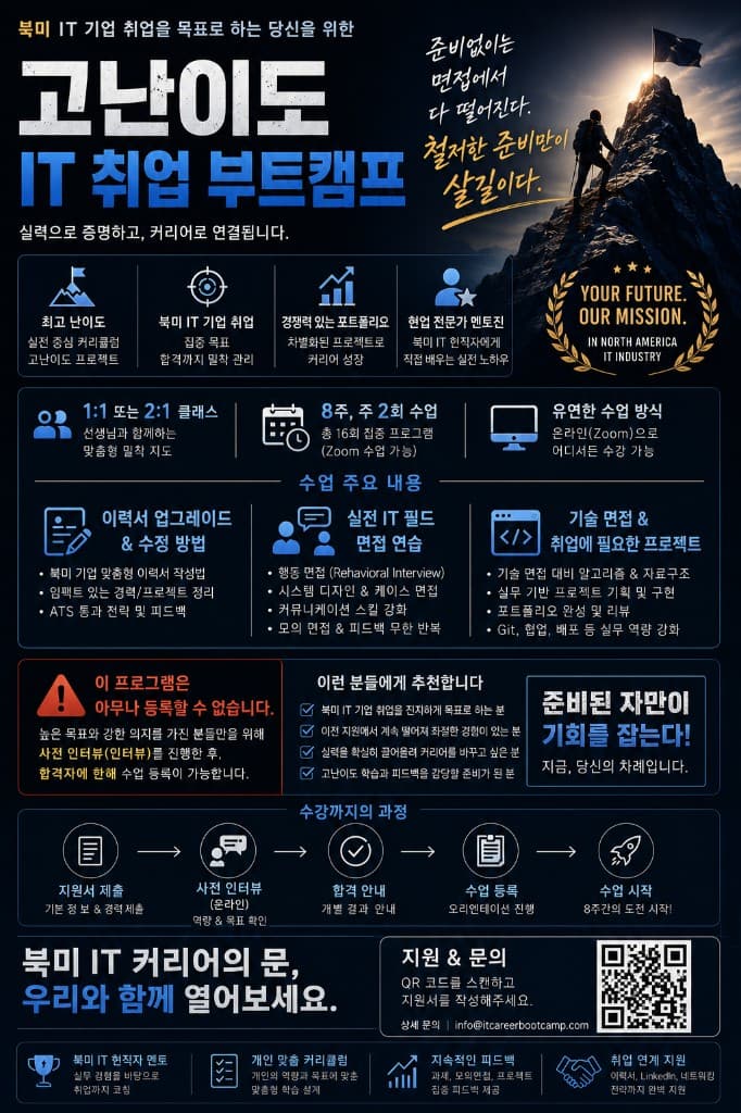 산 정상을 향해 오르는 등반가 — 고난이도 IT 취업 부트캠프